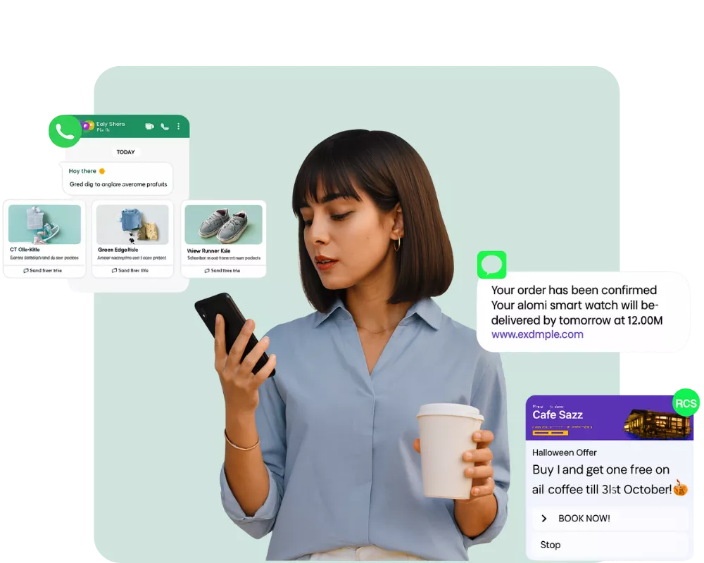 Smartphone displaying an interactive RCS message with carousels and buttons